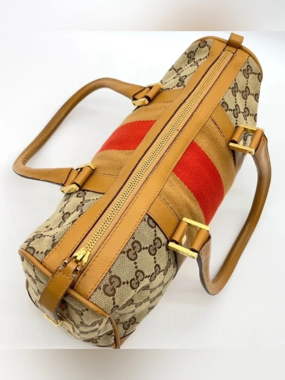 Gucci Brown MINI BOSTON BAG Monogram Satchel Sherry line Stripe perfect size!